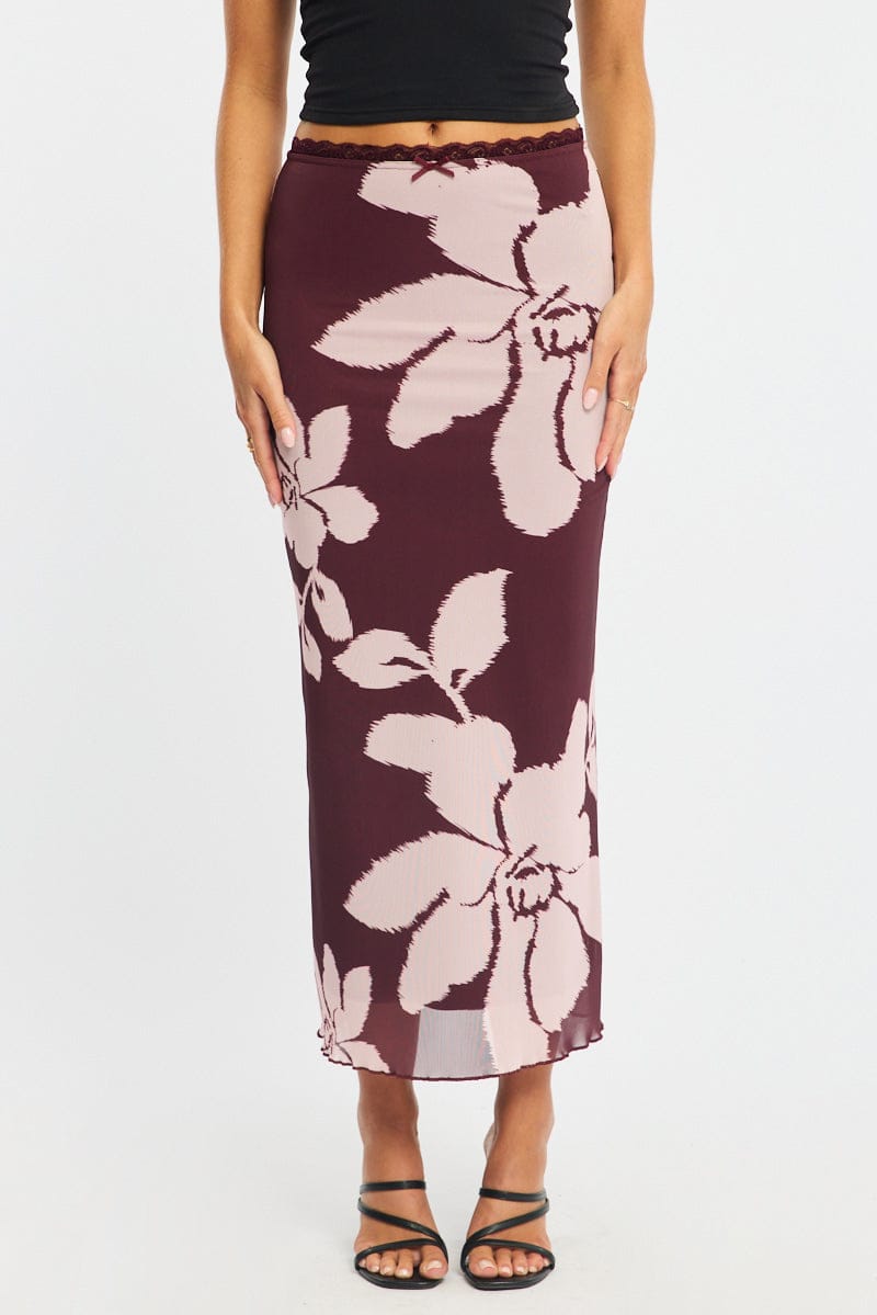 Purple Floral Mesh Skirt Elasticated Lace Trim Midaxi