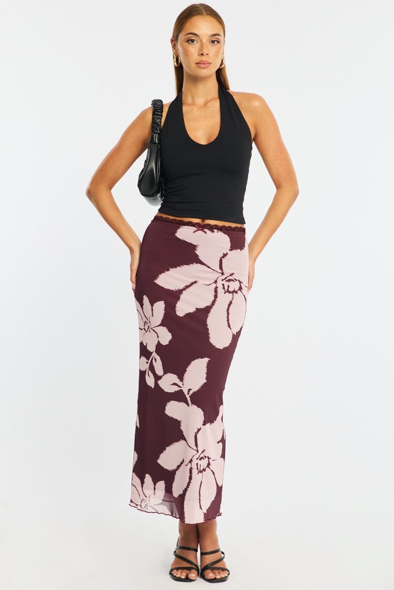 Purple Floral Mesh Skirt Elasticated Lace Trim Midaxi
