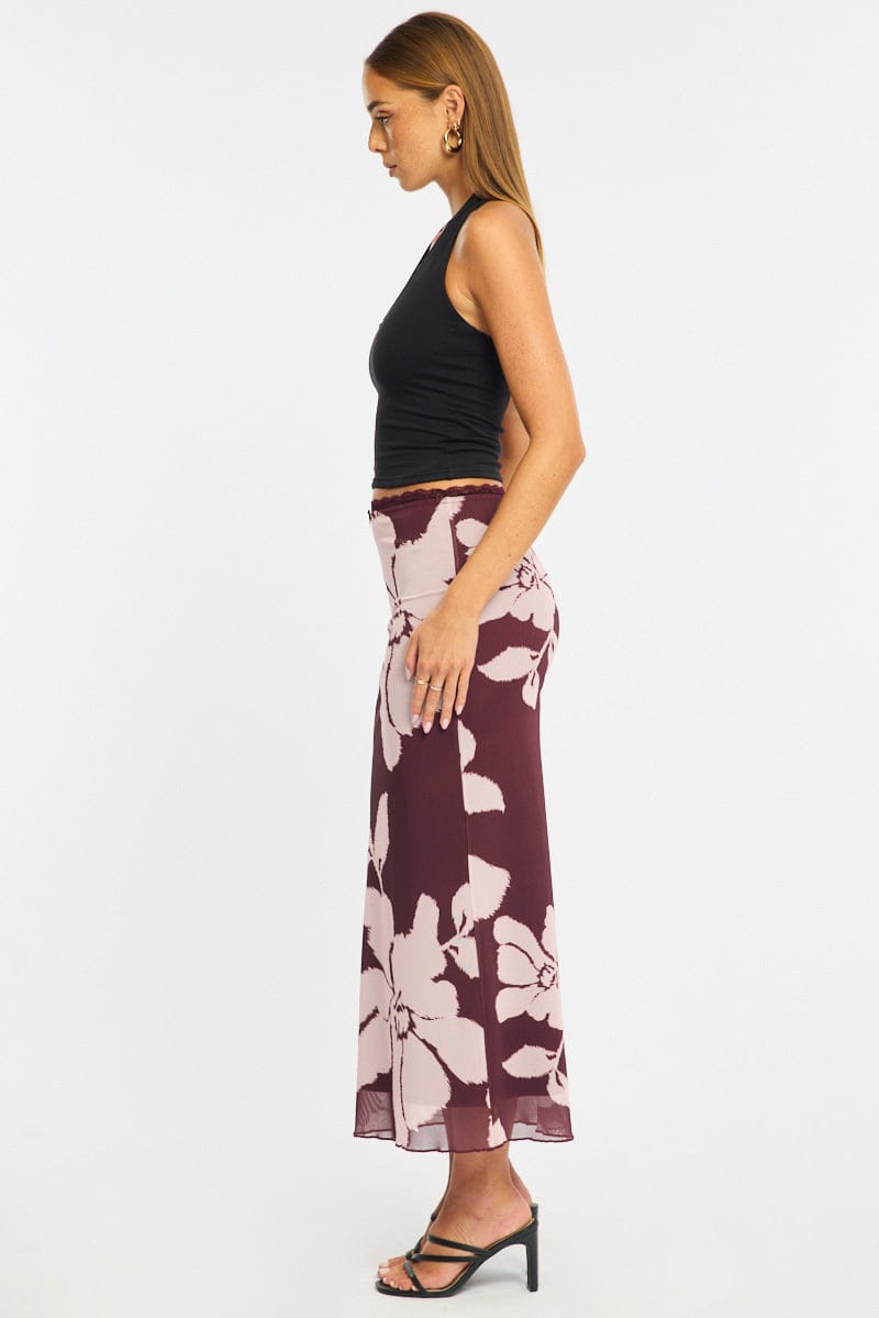 Purple Floral Mesh Skirt Elasticated Lace Trim Midaxi
