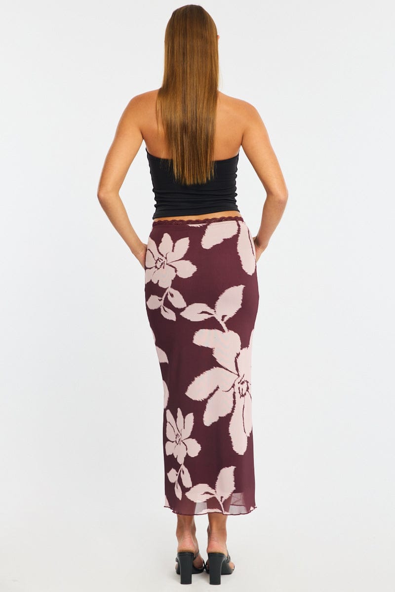 Purple Floral Mesh Skirt Elasticated Lace Trim Midaxi