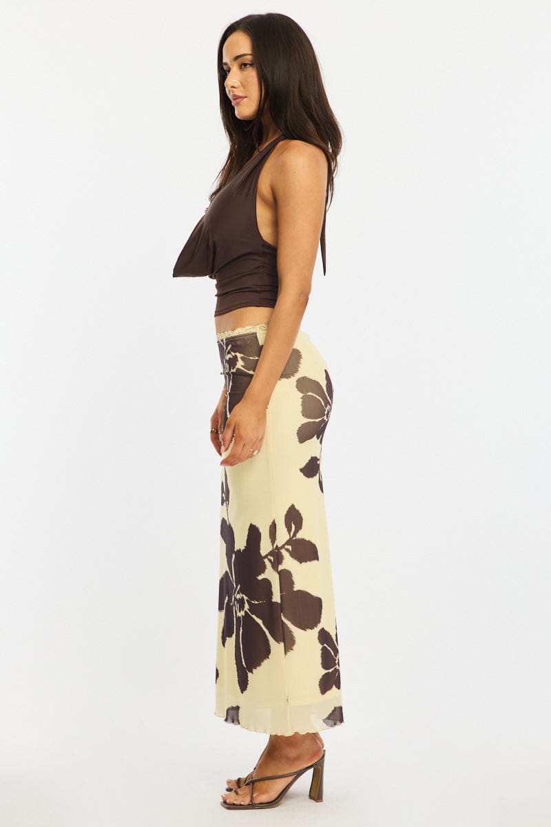 Yellow Floral Mesh Skirt Elasticated Lace Trim Midaxi