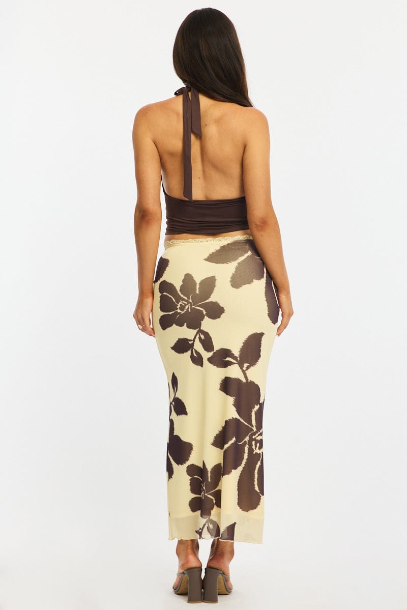Yellow Floral Mesh Skirt Elasticated Lace Trim Midaxi