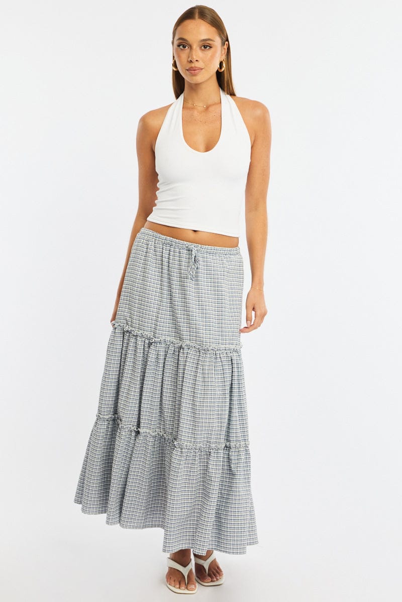 Blue Check Tiered Maxi Skirt Elastic Waist Lined