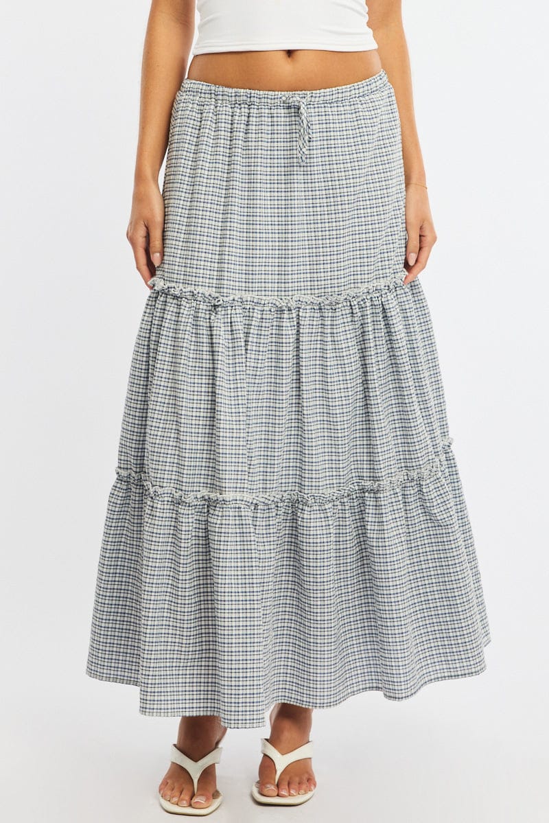 Blue Check Tiered Maxi Skirt Elastic Waist Lined