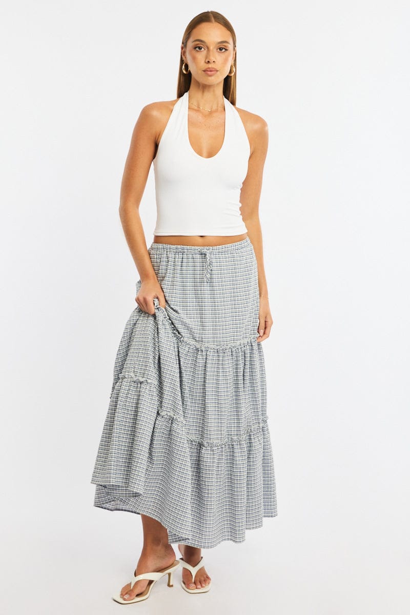 Blue Check Tiered Maxi Skirt Elastic Waist Lined