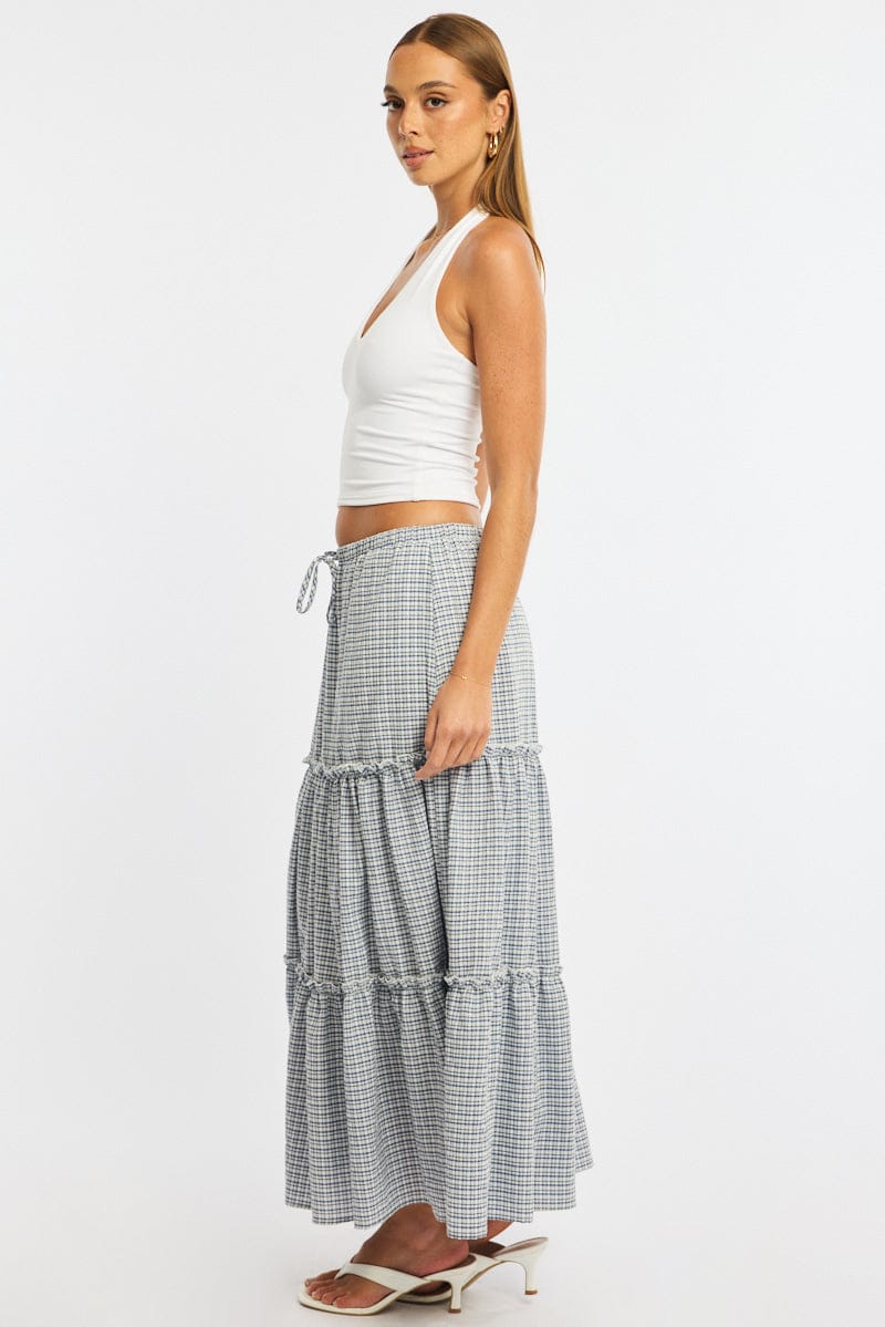 Blue Check Tiered Maxi Skirt Elastic Waist Lined