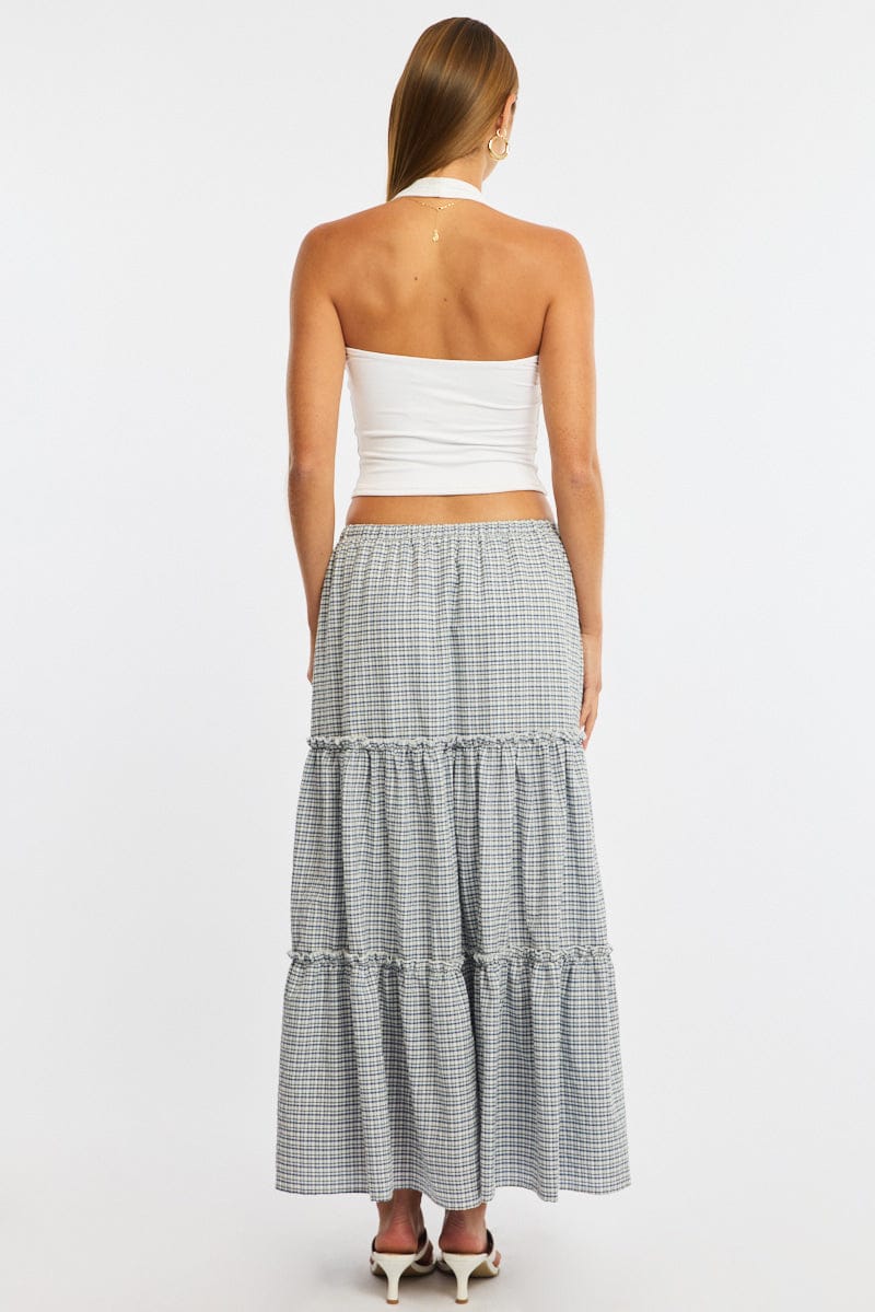 Blue Check Tiered Maxi Skirt Elastic Waist Lined