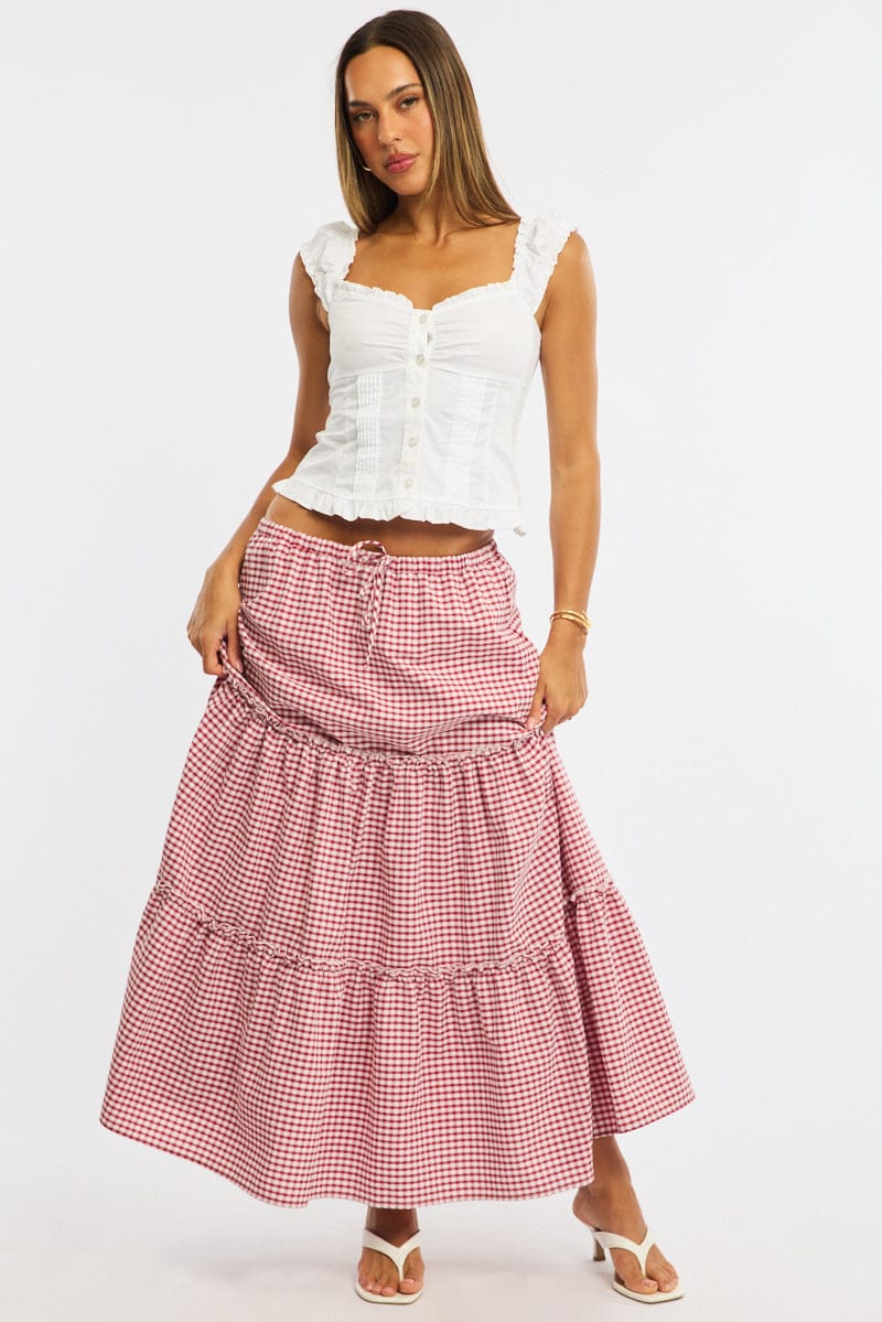 Red Check Tiered Maxi Skirt Elastic Waist Lined