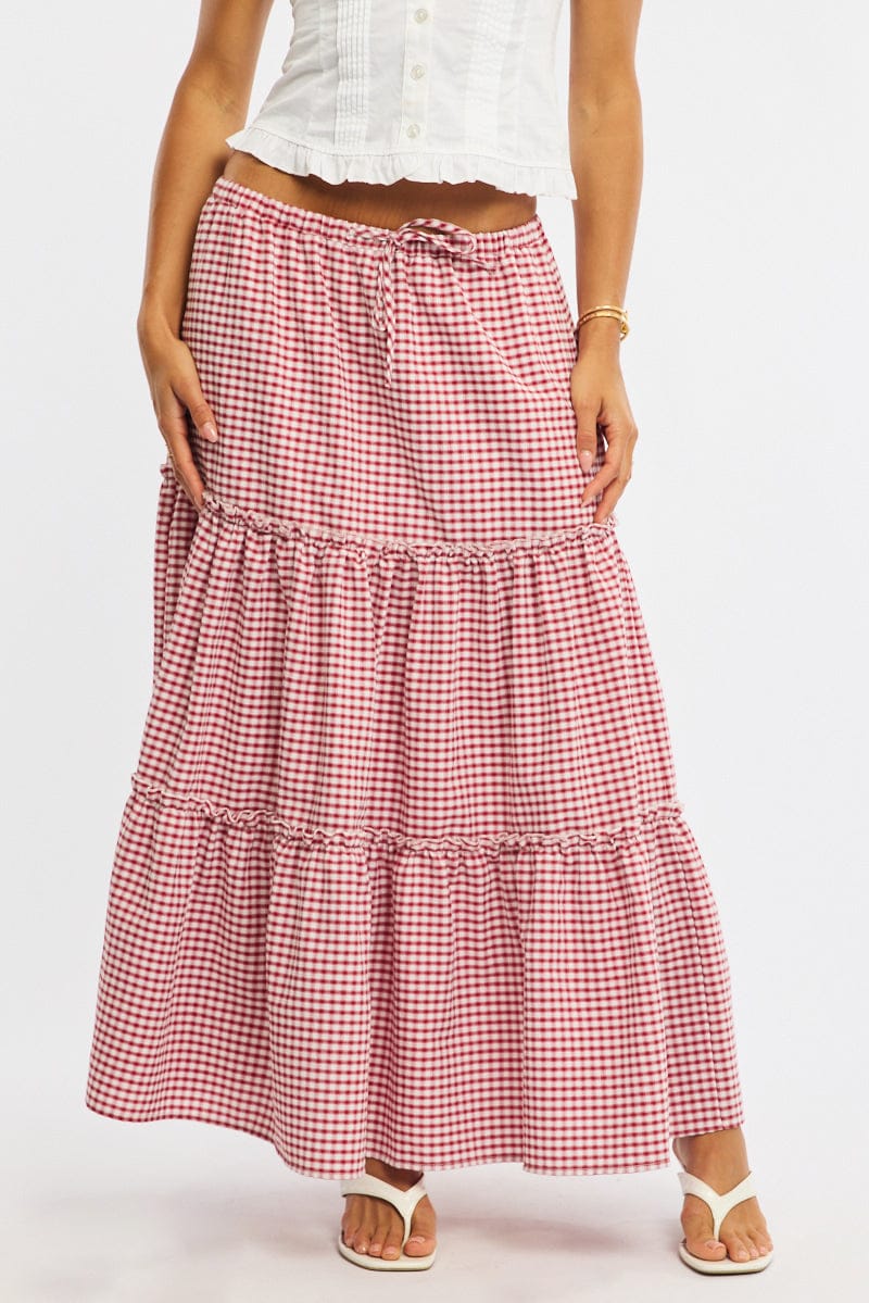 Red Check Tiered Maxi Skirt Elastic Waist Lined