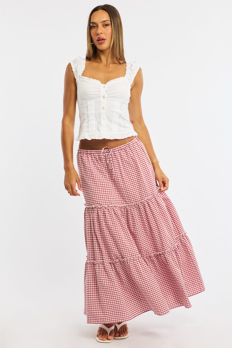 Red Check Tiered Maxi Skirt Elastic Waist Lined