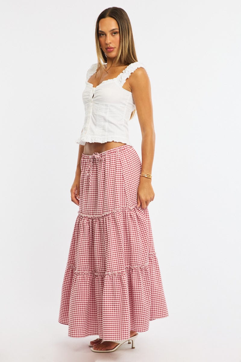 Red Check Tiered Maxi Skirt Elastic Waist Lined