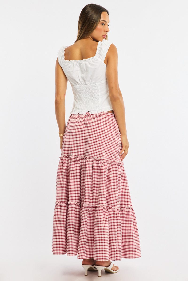 Red Check Tiered Maxi Skirt Elastic Waist Lined