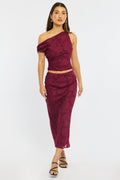 Red Maxi Skirt High Rise Textured Lined