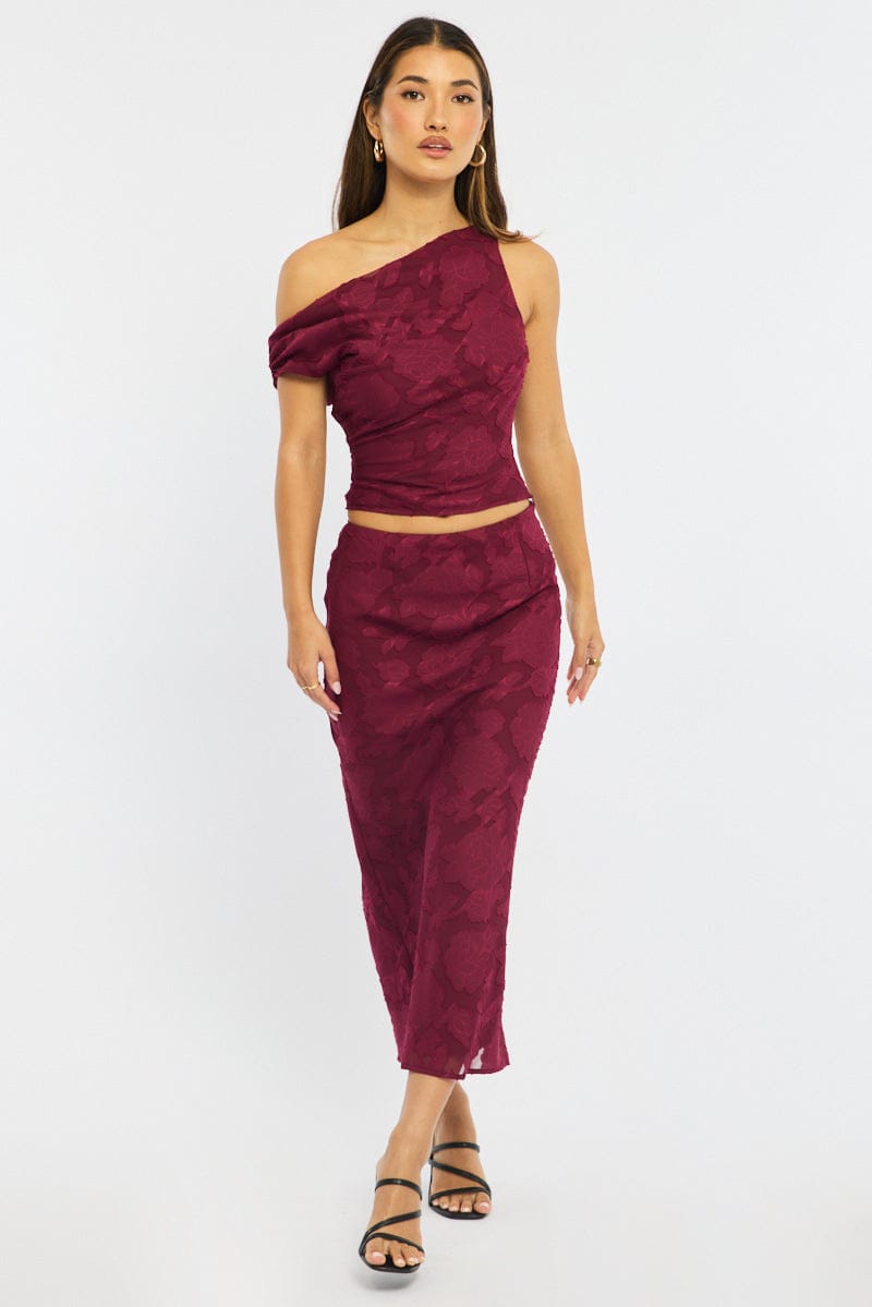 Red Maxi Skirt High Rise Textured Lined