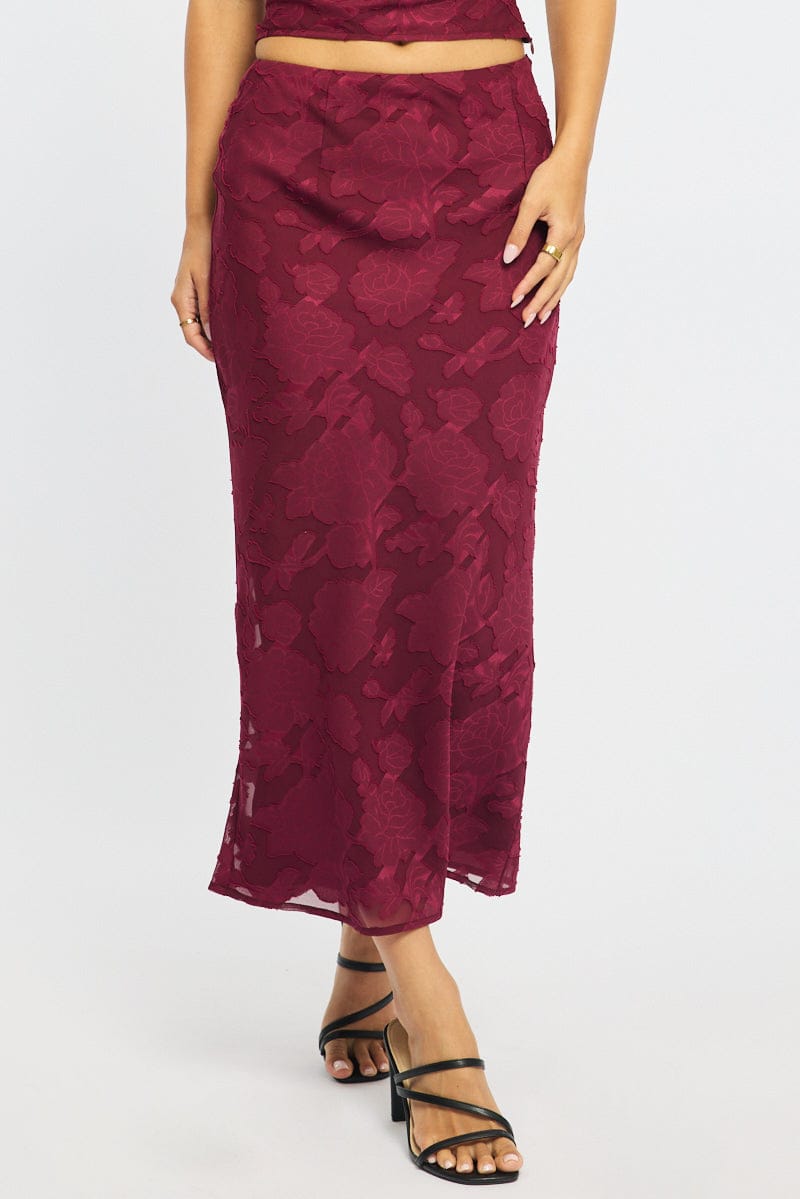 Red Maxi Skirt High Rise Textured Lined