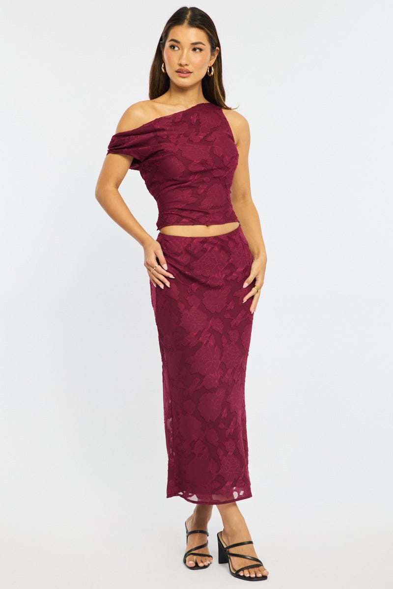 Red Maxi Skirt High Rise Textured Lined