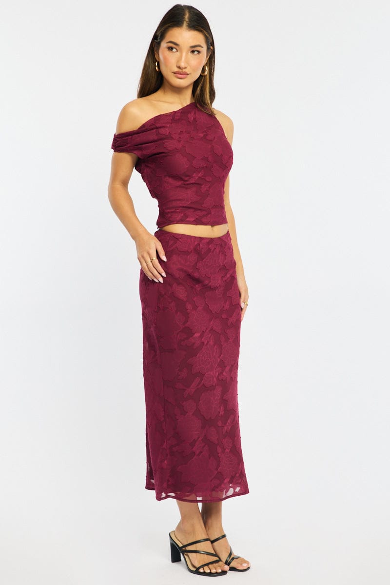 Red Maxi Skirt High Rise Textured Lined