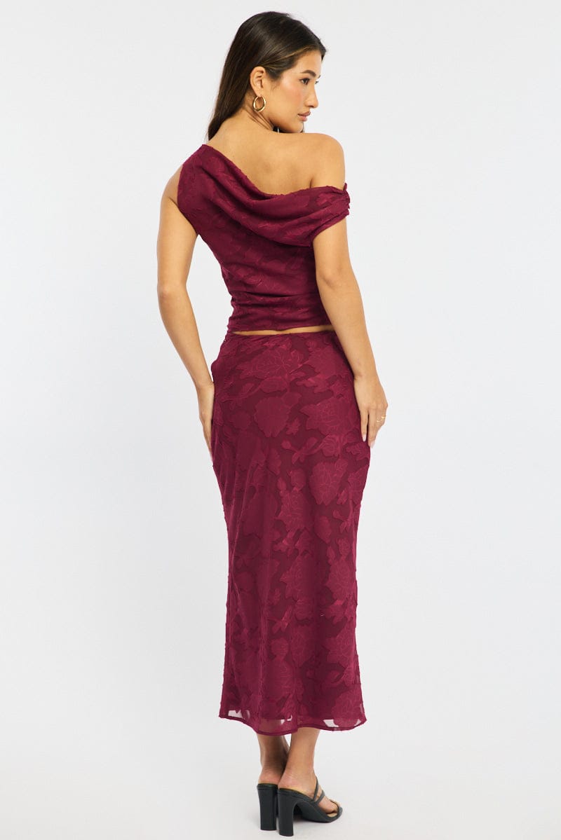 Red Maxi Skirt High Rise Textured Lined