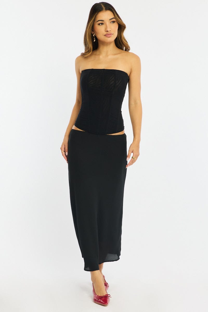 Black Midi Skirt Mid Rise Chiffon Lined