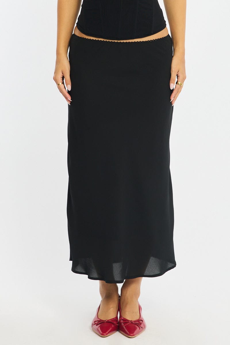 Black Midi Skirt Mid Rise Chiffon Lined