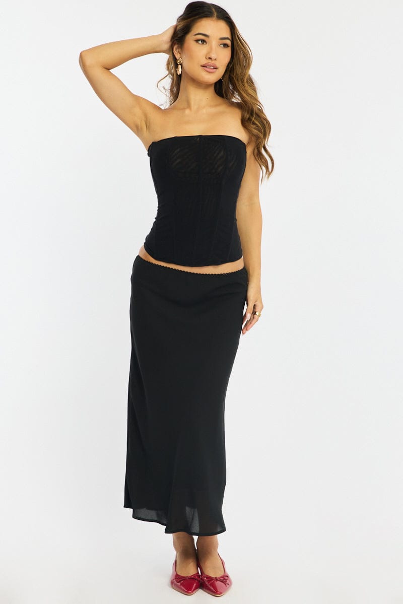 Black Midi Skirt Mid Rise Chiffon Lined