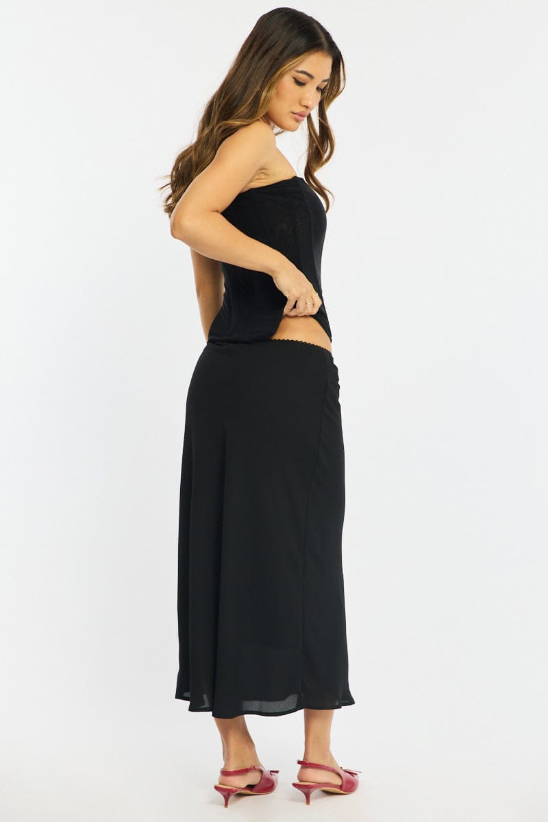 Black Midi Skirt Mid Rise Chiffon Lined