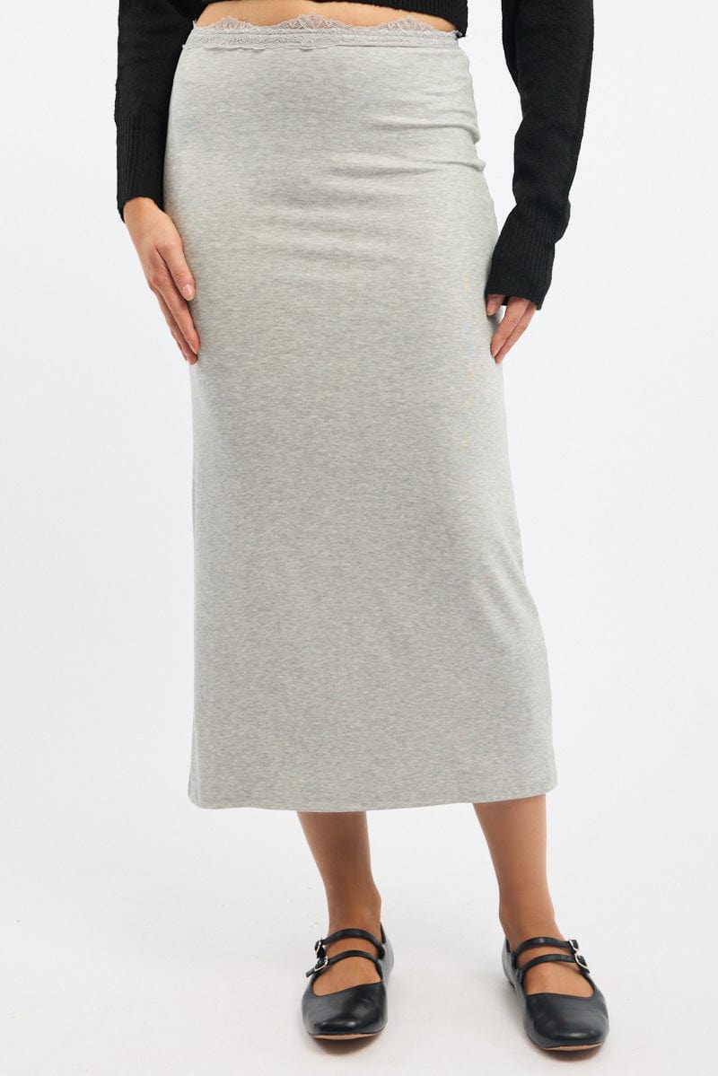 Grey Maxi Skirt Elasticated Lace Trim Jersey Lined