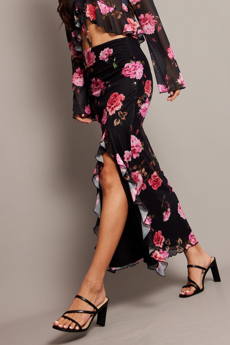 Black Floral Maxi Skirt High Rise Ruffled Slit