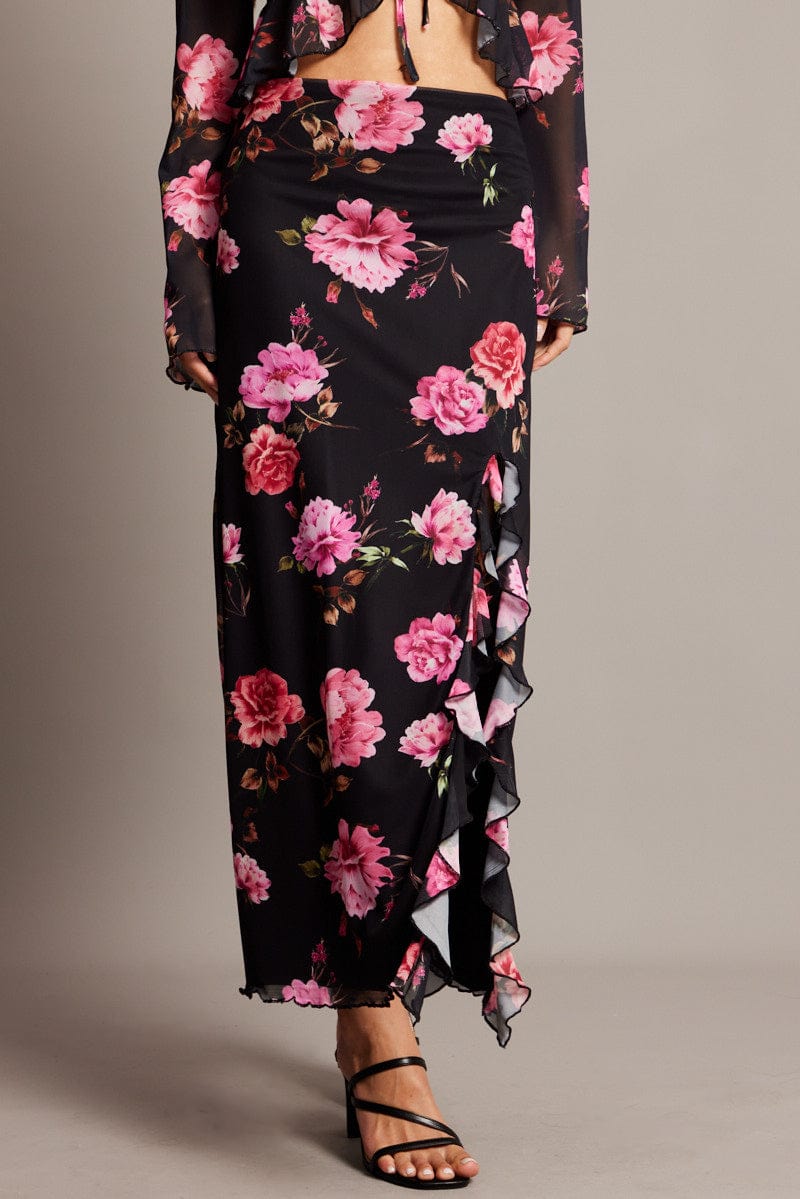 Black Floral Maxi Skirt High Rise Ruffled Slit