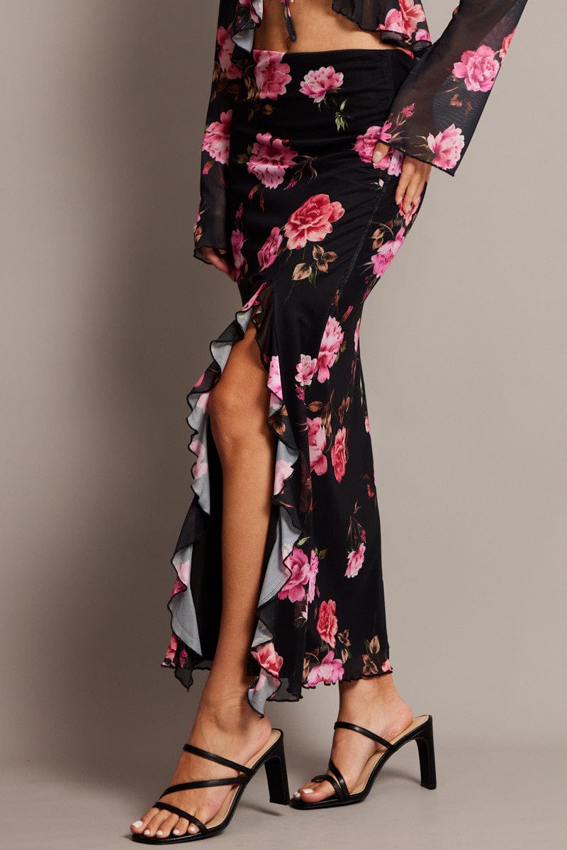 Black Floral Maxi Skirt High Rise Ruffled Slit