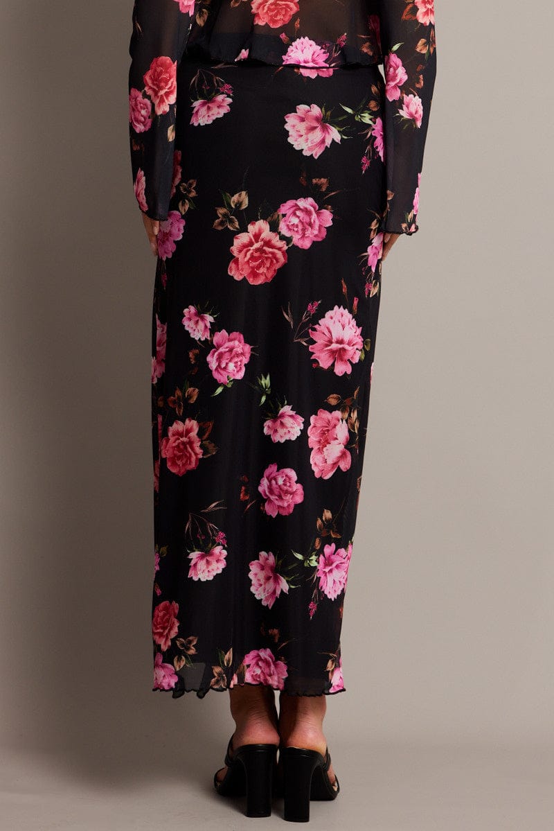 Black Floral Maxi Skirt High Rise Ruffled Slit