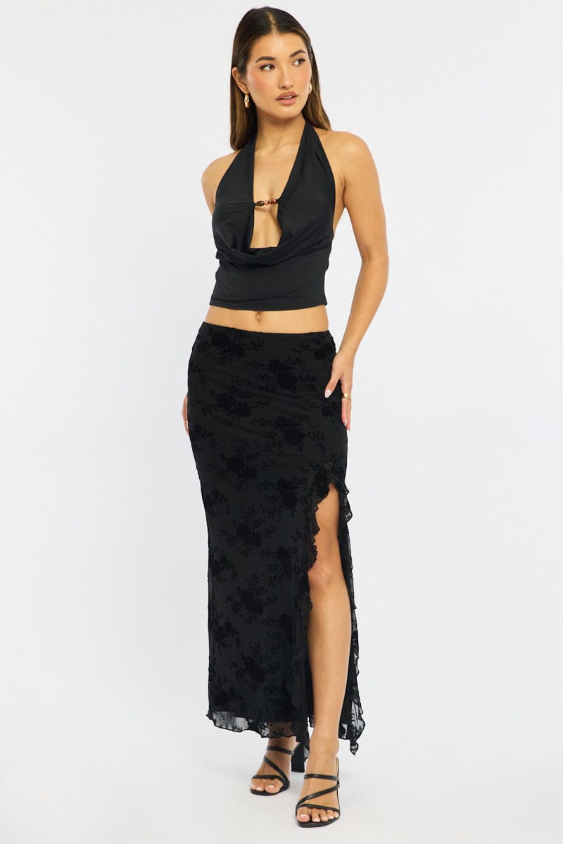 Black Maxi Skirt High Rise Ruffle Frill Hem