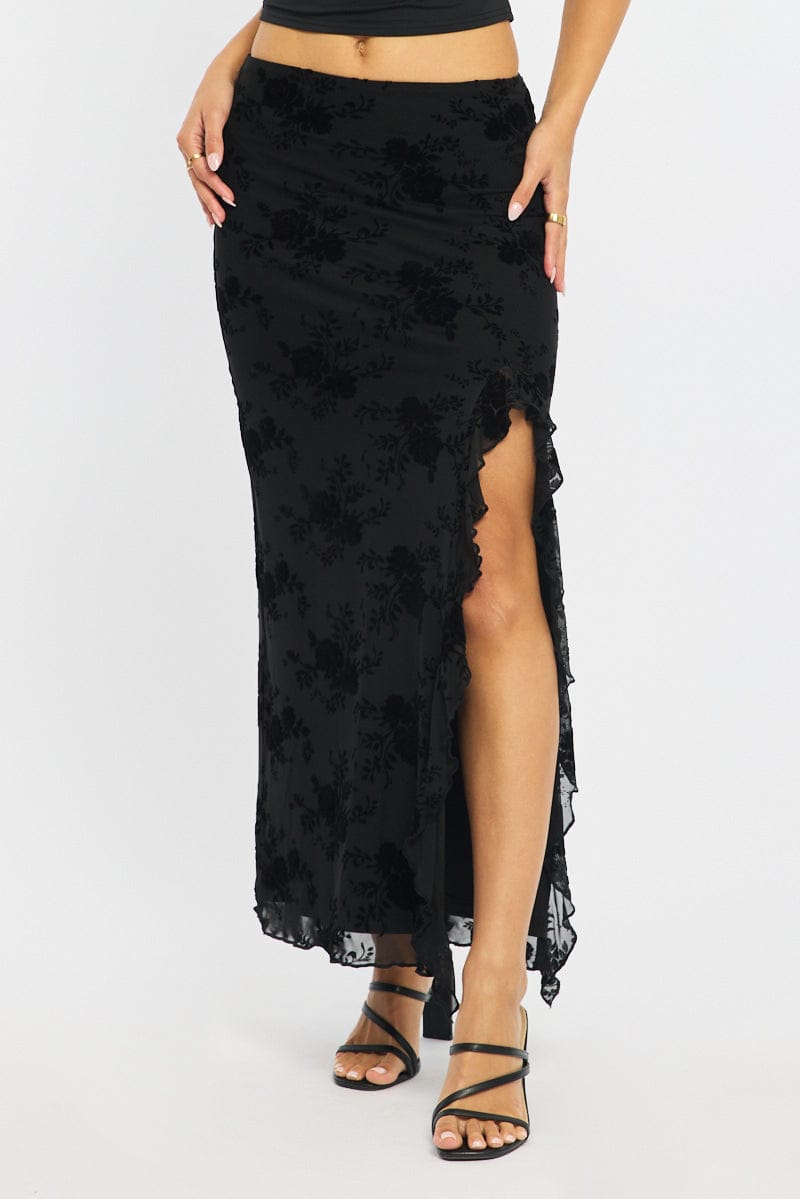 Black Maxi Skirt High Rise Ruffle Frill Hem