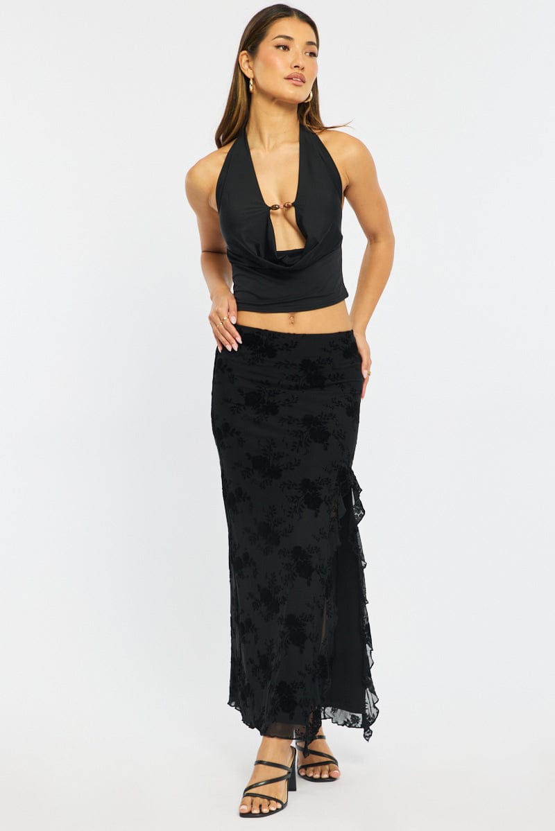 Black Maxi Skirt High Rise Ruffle Frill Hem