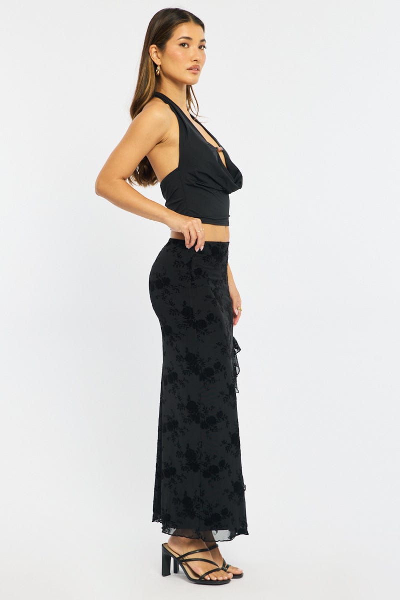 Black Maxi Skirt High Rise Ruffle Frill Hem