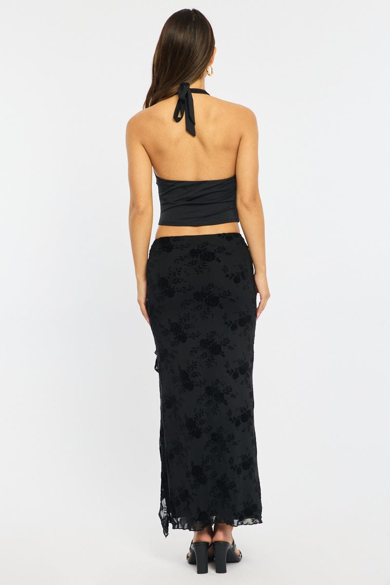 Black Maxi Skirt High Rise Ruffle Frill Hem