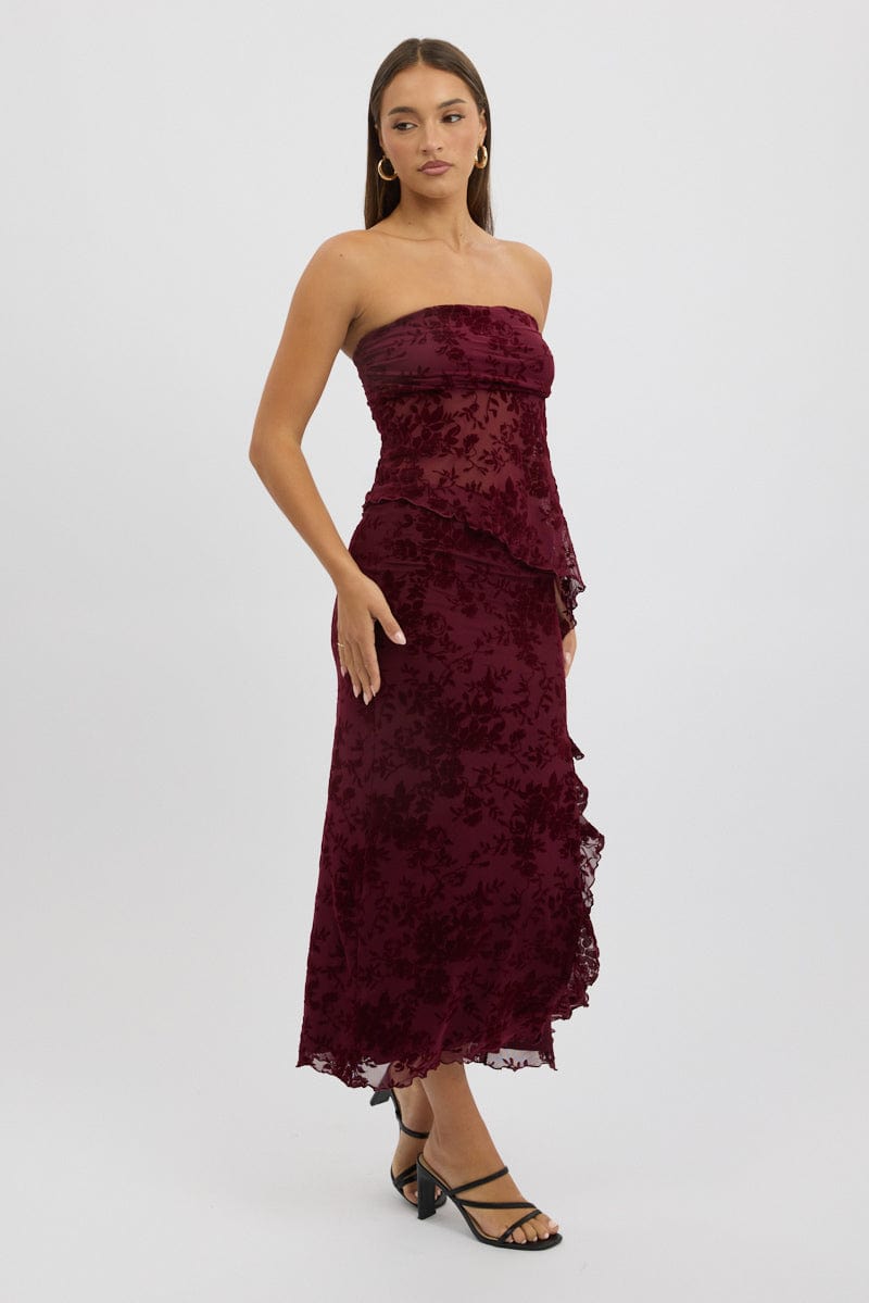 Red Maxi Skirt High Rise Ruffle Frill Hem