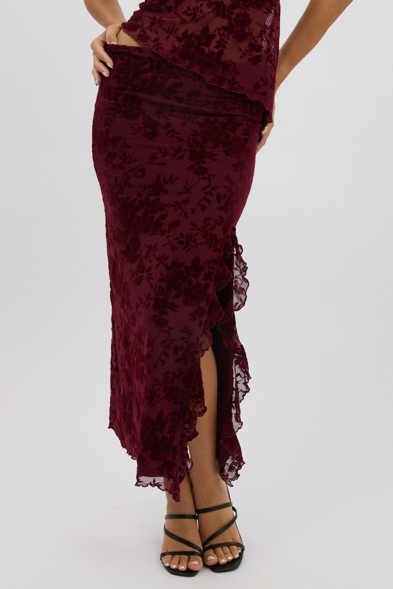 Red Maxi Skirt High Rise Ruffle Frill Hem