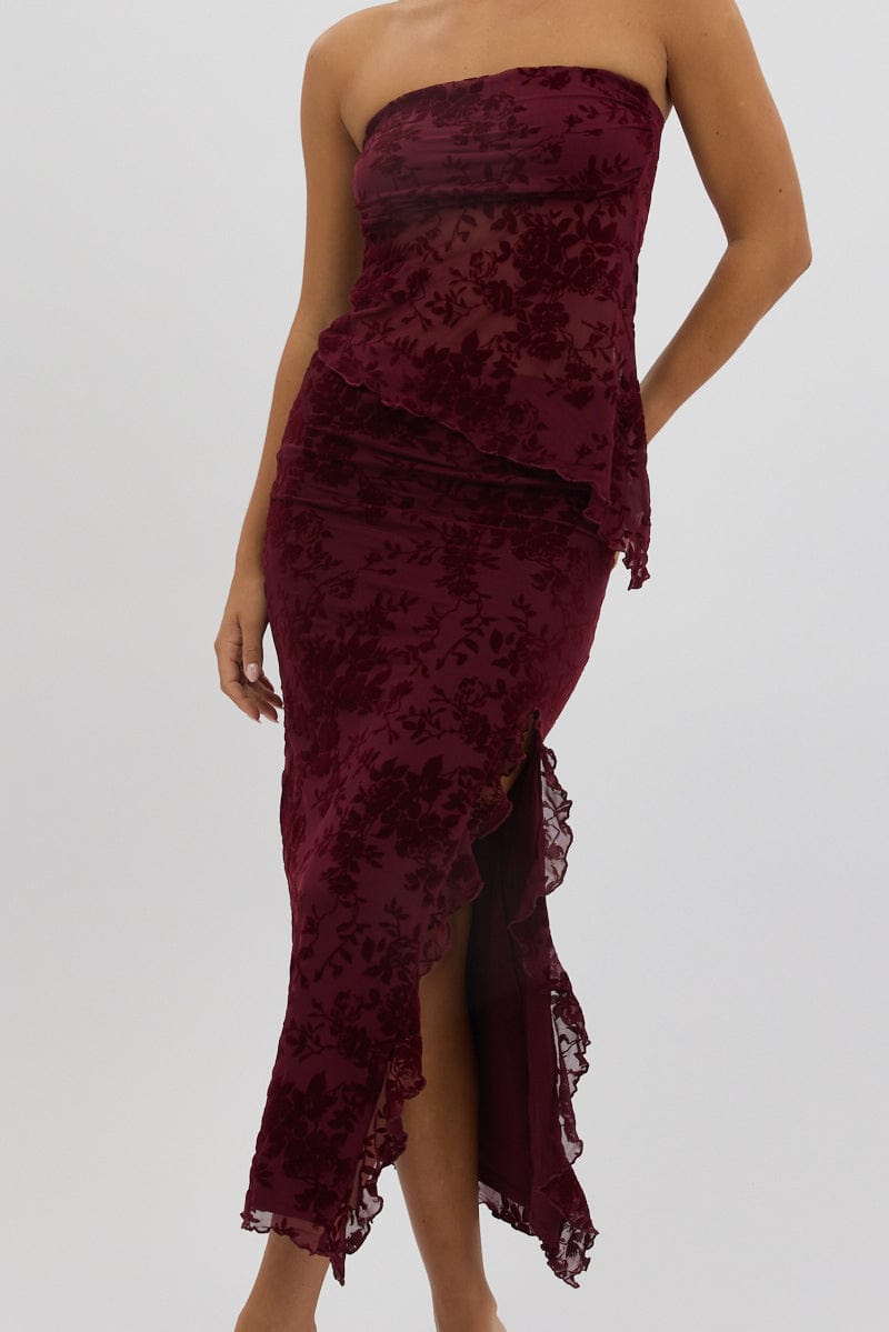 Red Maxi Skirt High Rise Ruffle Frill Hem