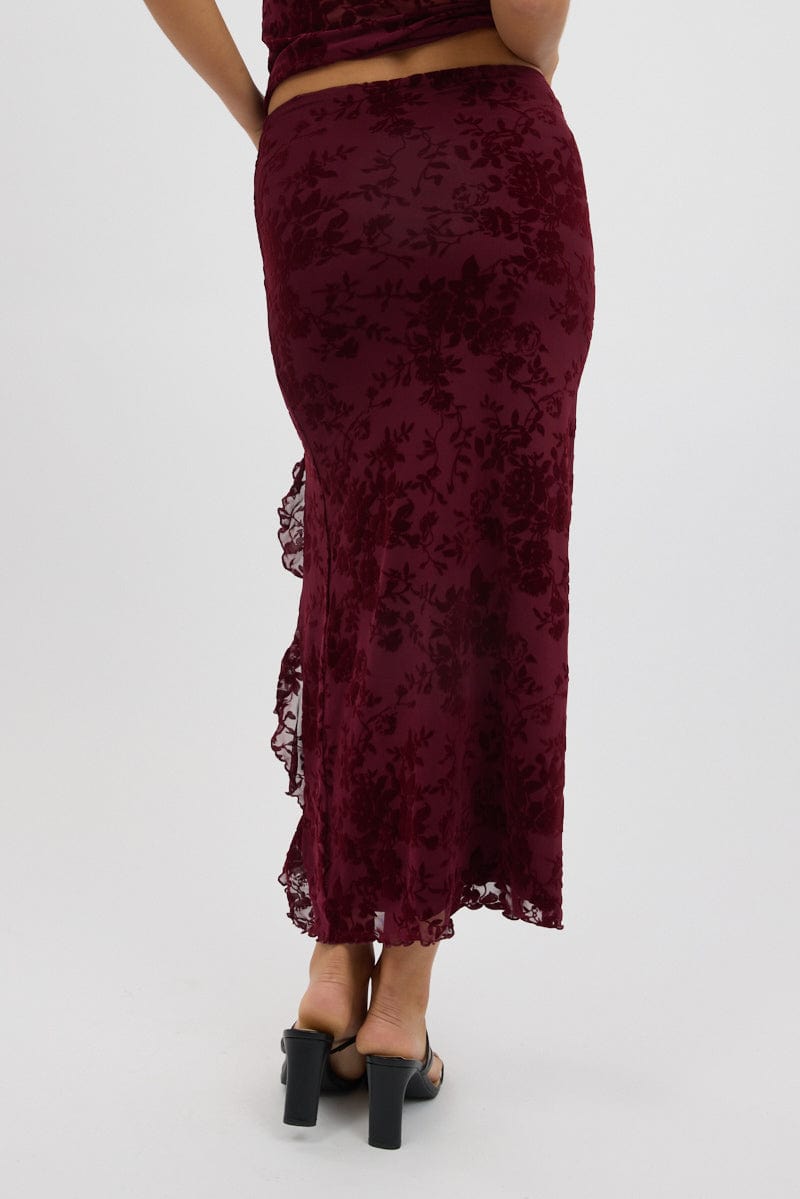 Red Maxi Skirt High Rise Ruffle Frill Hem