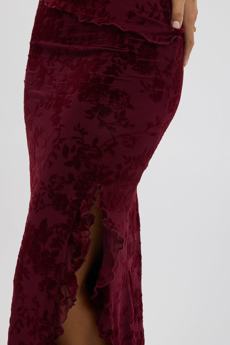 Red Maxi Skirt High Rise Ruffle Frill Hem