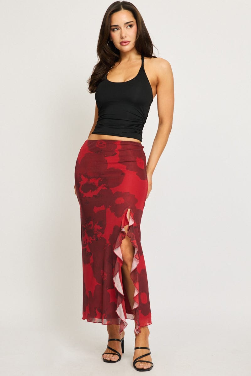 Red Floral Maxi Skirt High Rise Ruffled Frill
