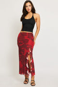 Red Floral Maxi Skirt High Rise Ruffled Frill