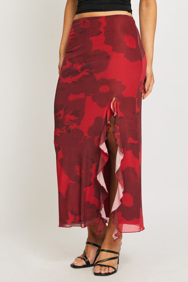 Red Floral Maxi Skirt High Rise Ruffled Frill