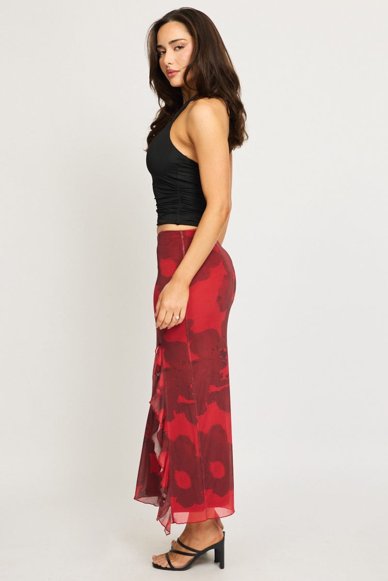 Red Floral Maxi Skirt High Rise Ruffled Frill