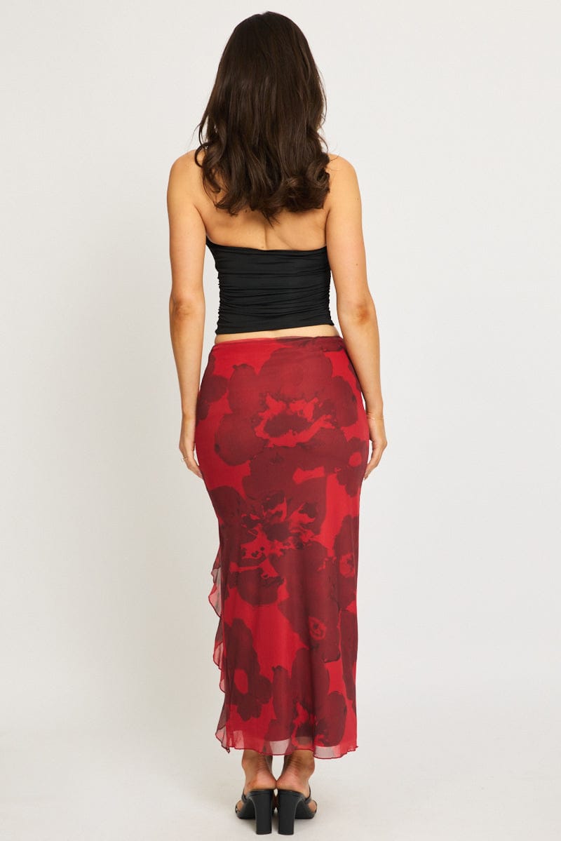 Red Floral Maxi Skirt High Rise Ruffled Frill