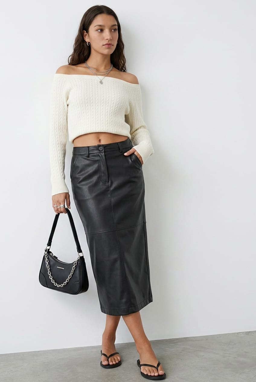Black Pu Maxi Skirt Pencil Back Slit Faux
