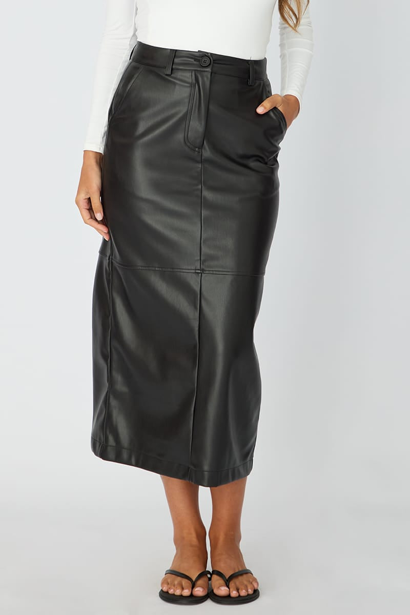 Black Pu Maxi Skirt Pencil Back Slit Faux