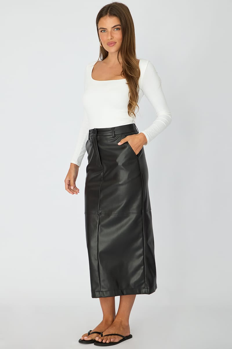 Black Pu Maxi Skirt Pencil Back Slit Faux