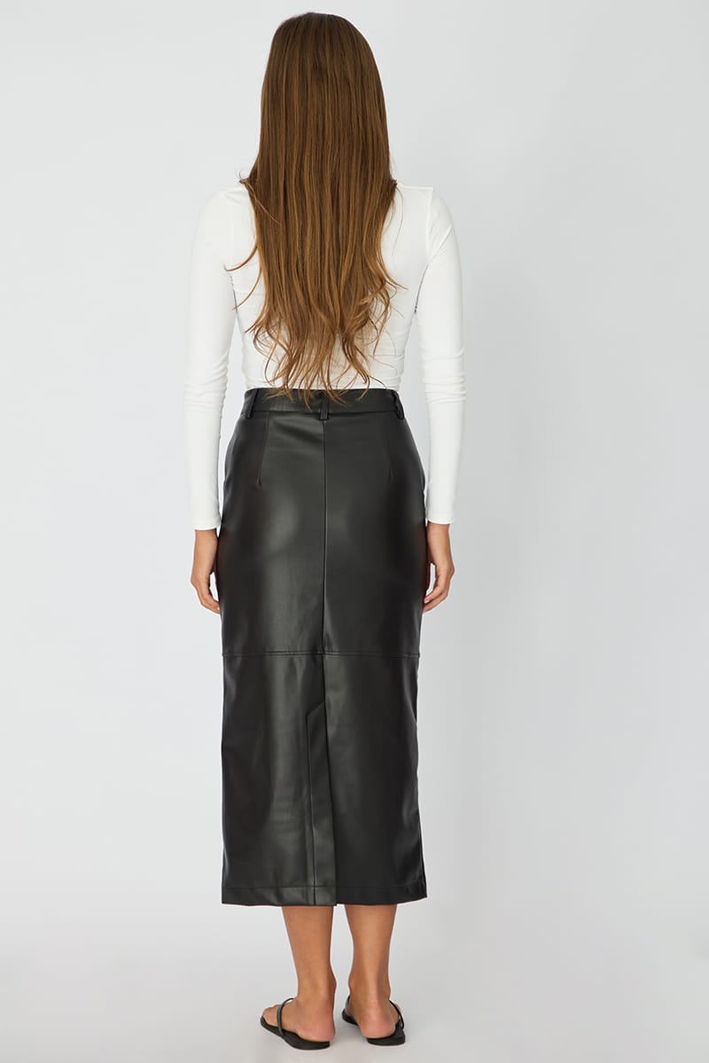 Black Pu Maxi Skirt Pencil Back Slit Faux